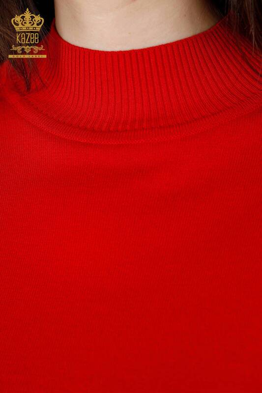 Maglione - Manica a maglia da donna all'ingrosso con dettaglio in tulle-Rosso-30021 / KAZEE