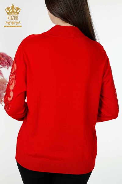 Maglione - Manica a maglia da donna all'ingrosso con dettaglio in tulle-Rosso-30021 / KAZEE - Thumbnail