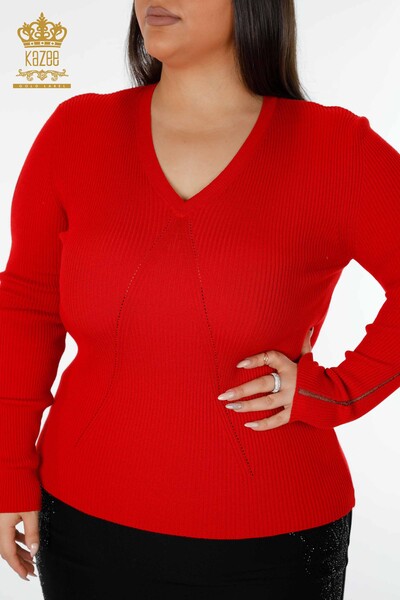 Maglione a maglia da donna con scollo a V rosso-16249 / KAZEE - 2