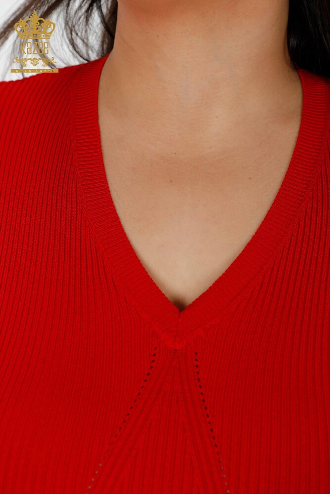 Maglione a maglia da donna con scollo a V rosso-16249 / KAZEE - 3