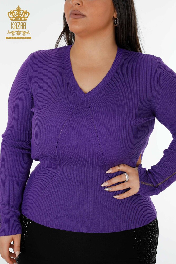 Maglione a maglia da donna all'ingrosso con scollo a V viola-16249 / KAZEE - 2