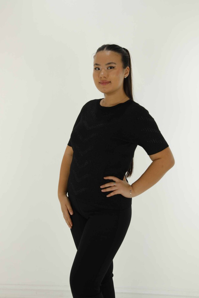 Crew Neck Short Sleeve Glittery Knitwear Black - 30714 | KAZEE - 1