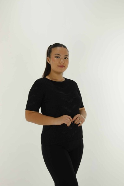 Crew Neck Short Sleeve Glittery Knitwear Black - 30714 | KAZEE - 2