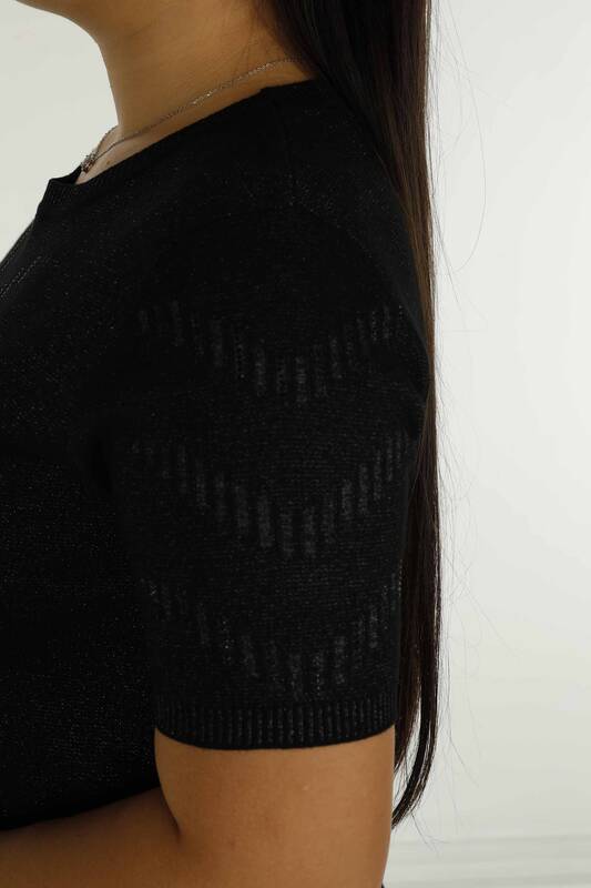 Crew Neck Short Sleeve Glittery Knitwear Black - 30714 | KAZEE