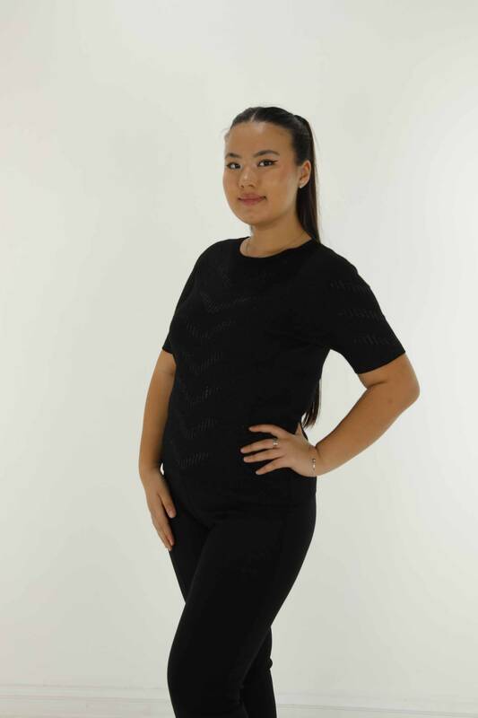 Crew Neck Short Sleeve Glittery Knitwear Black - 30714 | KAZEE