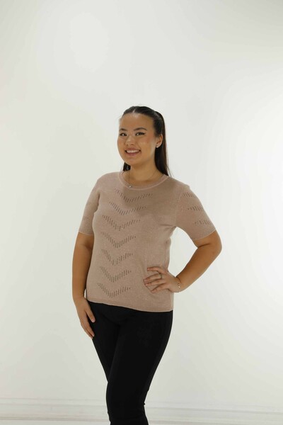 Crew Neck Short Sleeve Glittery Knitwear Powder - 30714 | KAZEE 