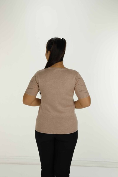 Crew Neck Short Sleeve Glittery Knitwear Powder - 30714 | KAZEE - Thumbnail