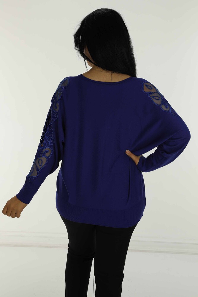 Crew Neck Stone Detailed Embroidered Bat Sleeve Sweater Saxe - 30752 | KAZEE - 5