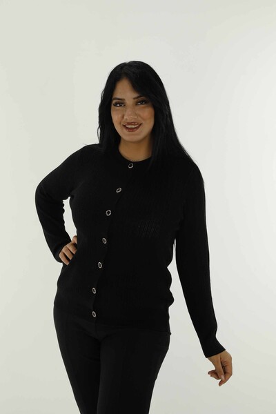 Crew Neck Buttoned Long Sleeve Knitted Cardigan Black - 31070 | KAZEE - Thumbnail