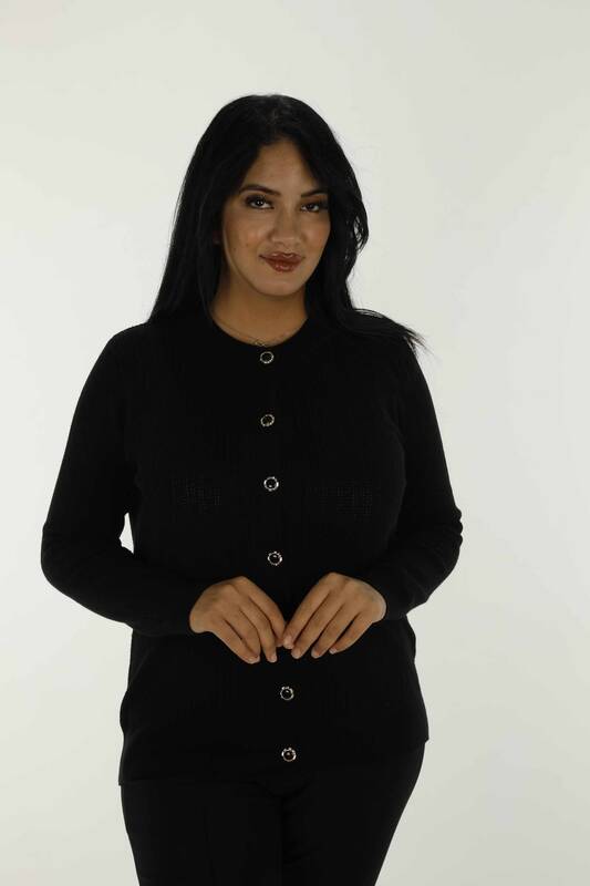 Crew Neck Buttoned Long Sleeve Knitted Cardigan Black - 31070 | KAZEE