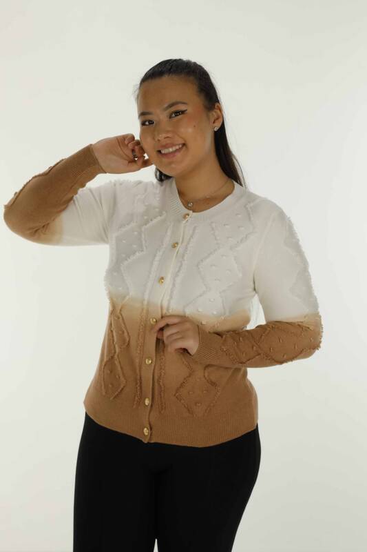 Crew Neck Buttoned Long Sleeve Knitted Cardigan Camel - 30782 | KAZEE