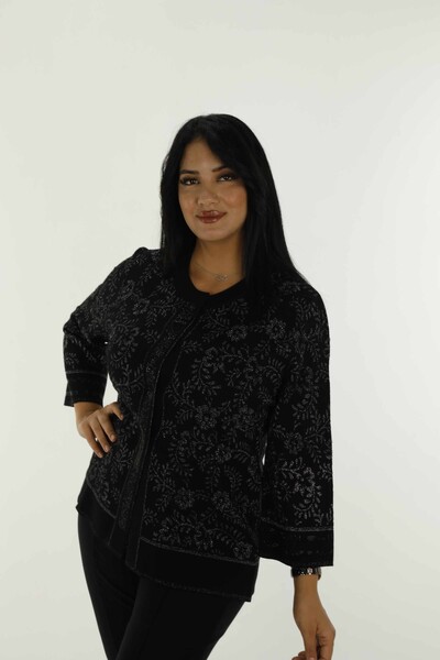 Crew Neck Patterned Knitwear Cardigan Black - 31150 | KAZEE - Thumbnail