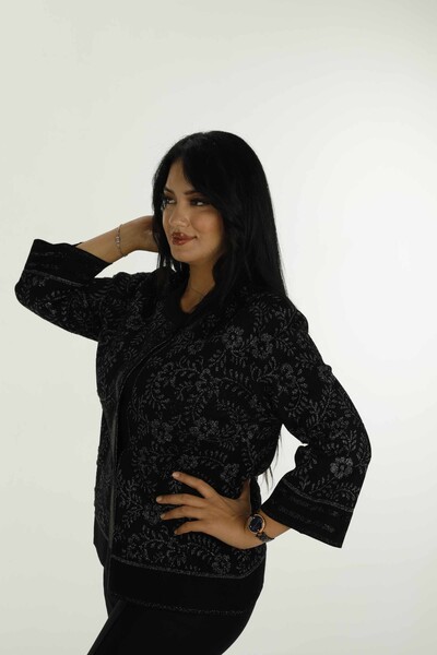 Crew Neck Patterned Knitwear Cardigan Black - 31150 | KAZEE - Thumbnail