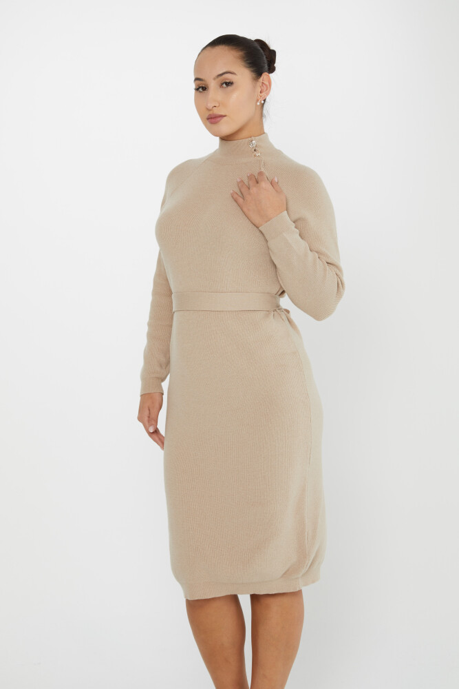 Kleid mit Knöpfen, Taillenband, langen Ärmeln, Beige – 30283 | KAZEE (4er-Set S-M-L-XL) - 1