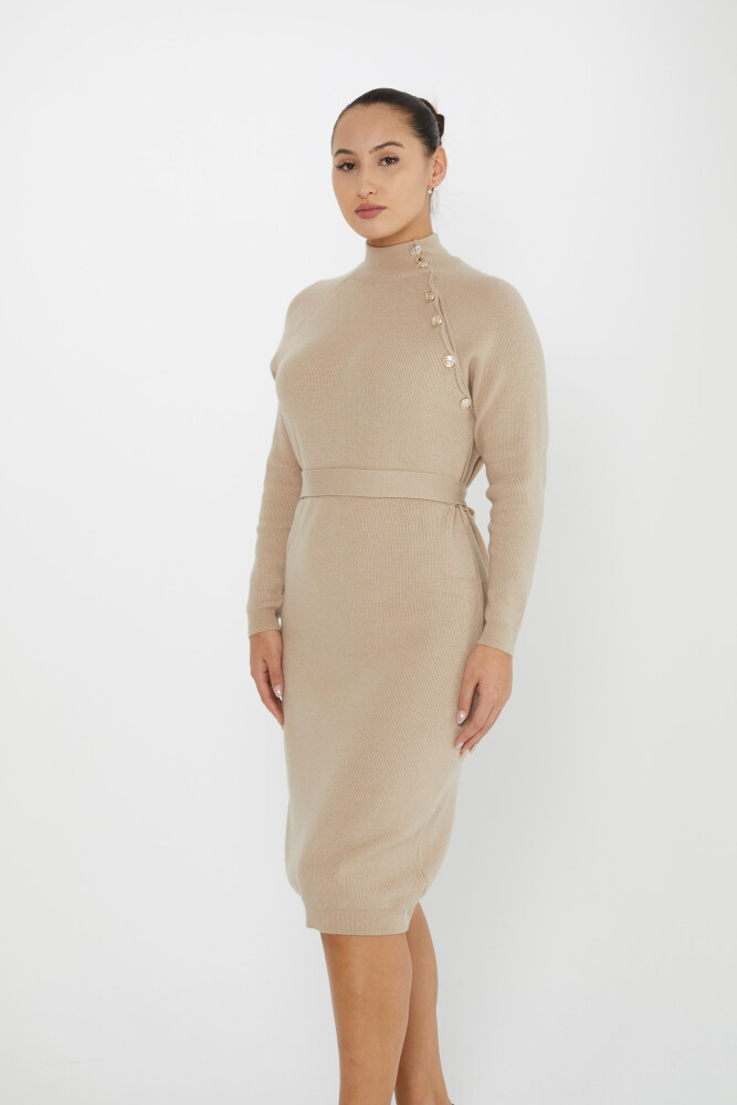 Kleid mit Knöpfen, Taillenband, langen Ärmeln, Beige – 30283 | KAZEE (4er-Set S-M-L-XL) - 2