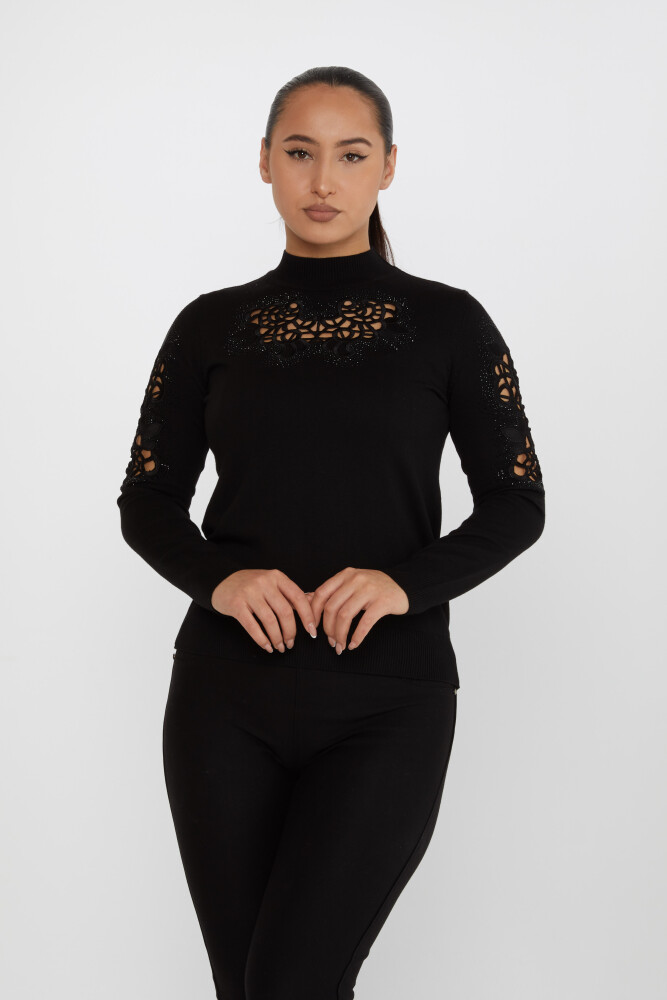 Sweter z dzianiny, haftowany, z głębokim dekoltem w kamienie, czarny - 31262 | KAZEE (zestaw 4 sztuk M-L-XL-2XL) - 1