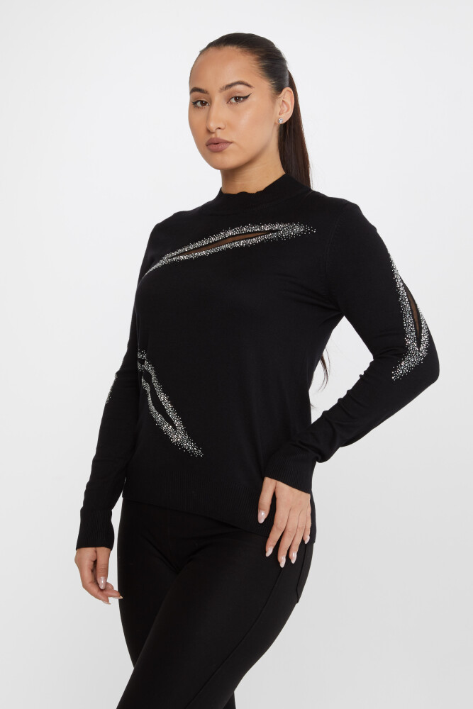 Sweter z dzianiny Kamień Haftowany Tiul Czarny-Ecru - 30090 | KAZEE (zestaw 4 sztuk M-L-XL-2XL) - 1