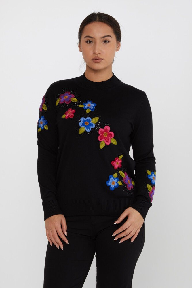 Sweter z dzianiny Kwiat Haftowany Kamień Czarny - 31684 | KAZEE (zestaw 3 sztuk XL-2XL-3XL) - 1