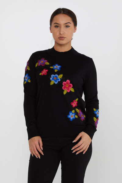 Sweter z dzianiny Kwiat Haftowany Kamień Czarny - 31684 | KAZEE (zestaw 3 sztuk XL-2XL-3XL) 