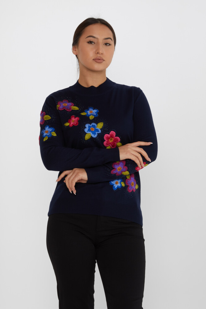 Sweter z dzianiny Kwiat Haftowany Kamień Granatowy - 31684 | KAZEE (zestaw 3 sztuk XL-2XL-3XL) - 1