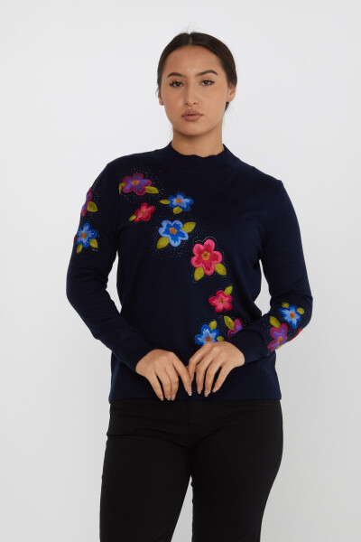 Sweter z dzianiny Kwiat Haftowany Kamień Granatowy - 31684 | KAZEE (zestaw 3 sztuk XL-2XL-3XL) - 2