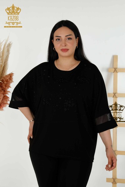 Bluză de damă cu ridicata cu model floral negru - 79087 | KAZEE - 1