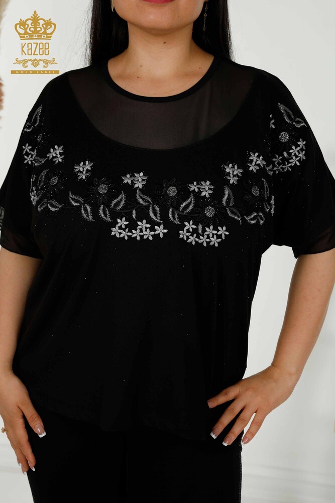 Bluză de damă cu ridicata cu model floral negru - 79137 | KAZEE - 2