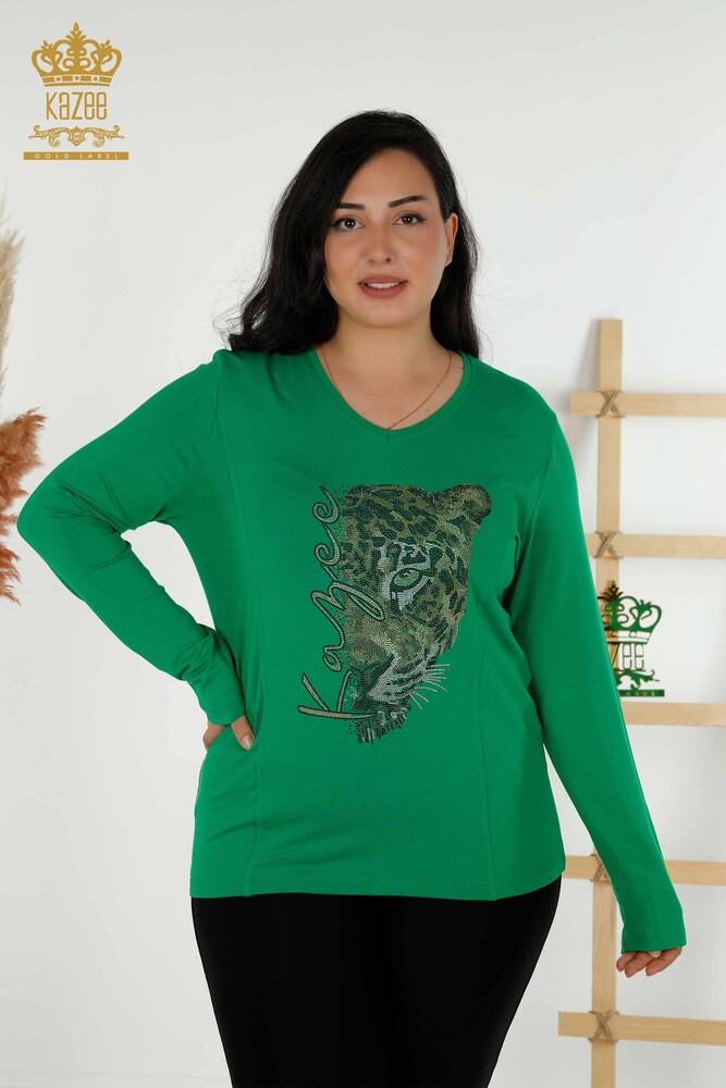 Bluză de damă cu ridicata cu model leopard verde - 79040 | KAZEE - 1