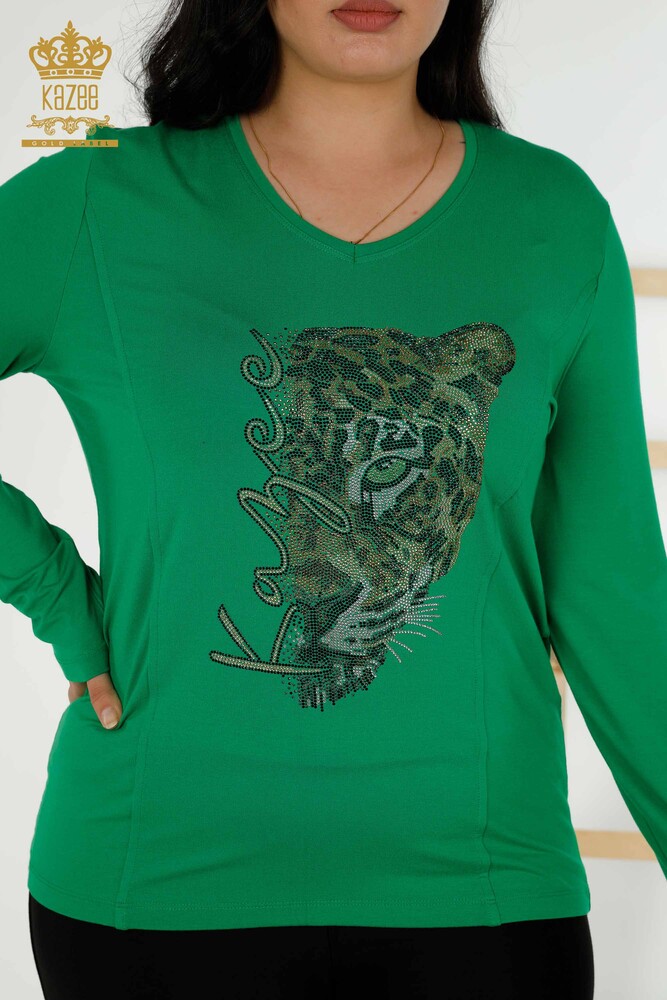 Bluză de damă cu ridicata cu model leopard verde - 79040 | KAZEE - 2