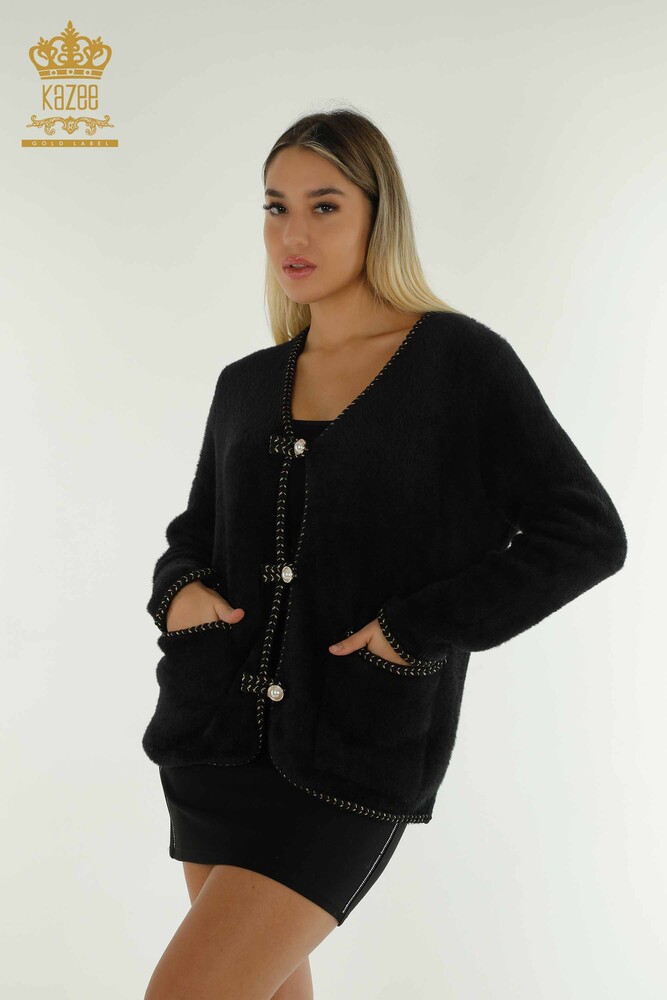 Cardigan Angora pentru femei negru cu nasturi perla - 30264 | KAZEE - 1