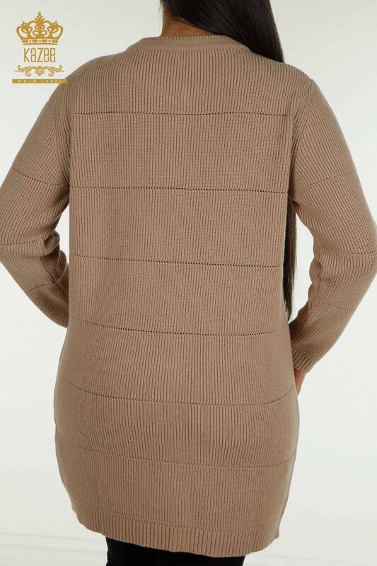 En-gros Cardigan lung pentru femei cu găuri Bej - 30643 | KAZEE