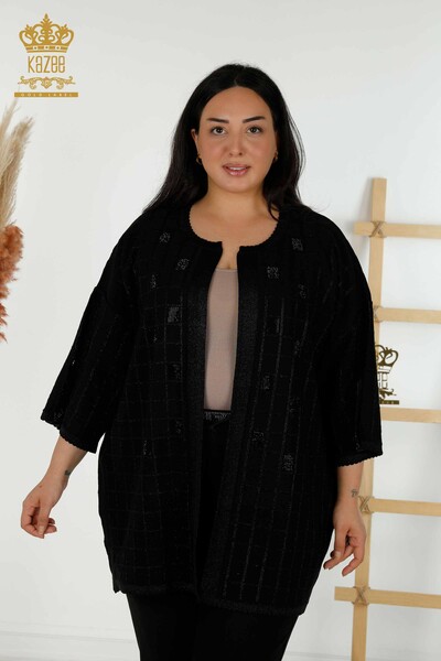 Cardigan de damă cu ridicata cu piatră brodat negru - 30057 | KAZEE 