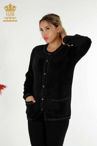 Cardigan cu ridicata pentru femei Angora cu două buzunare negru - 30371 | KAZEE 