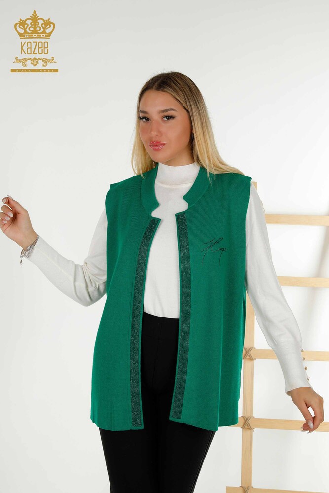 Vesta scurta de dama cu ridicata verde brodata cu piatra - 30409 | KAZEE - 1