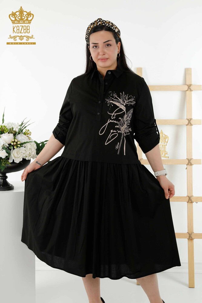 Rochie de damă cu ridicata cu model cu nasturi detaliate negru - 20324 | KAZEE - 1