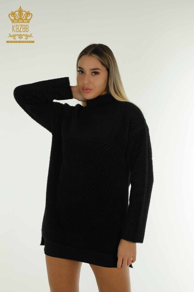 Tricotaj de damă cu ridicata Pulover negru cu detaliu angora - 30446 | KAZEE 