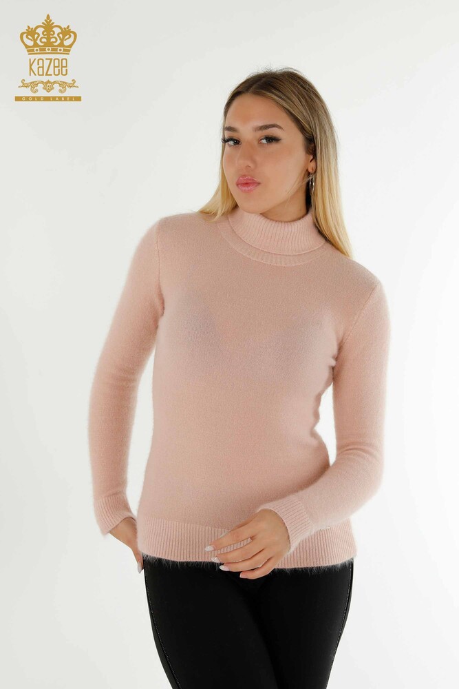 Pulover de tricotaj de damă cu ridicata - Angora - Turtleneck - Cu Logo - Pudra - 12046 | KAZEE - 1