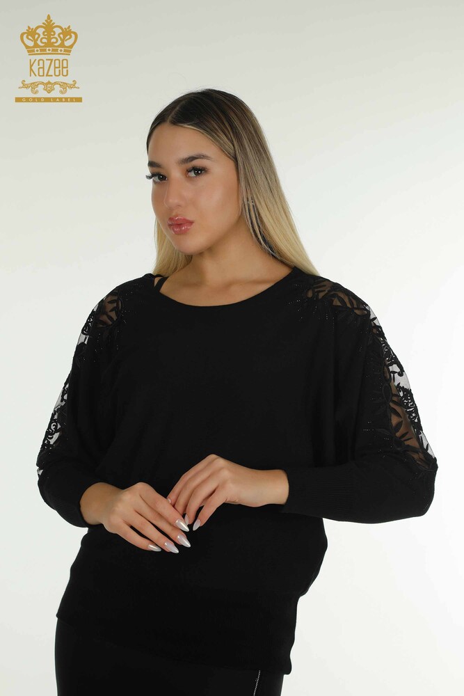 Pulover de tricotaj pentru femei cu ridicata - Tulle Detaliat - Negru - 15699 | KAZEE - 1