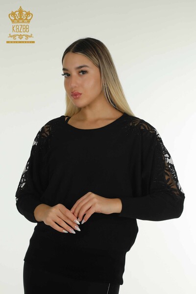 Pulover de tricotaj pentru femei cu ridicata - Tulle Detaliat - Negru - 15699 | KAZEE 