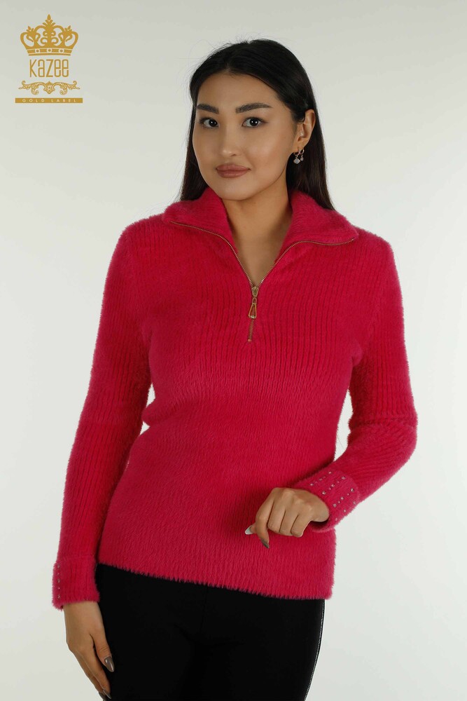 Tricotaj de damă cu ridicata - Angora - Mărgele de piatră - Fuchsia - 30769 | KAZEE - 1