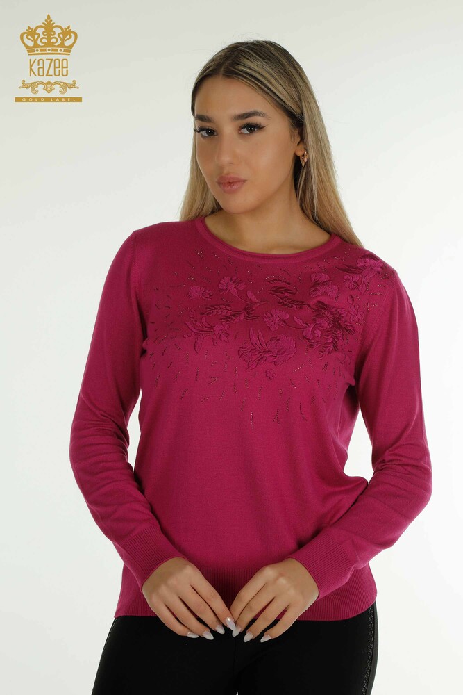 En-gros Tricotaj pentru femei Pulover cu broderie florală Fuchsia - 16849 | KAZEE - 1