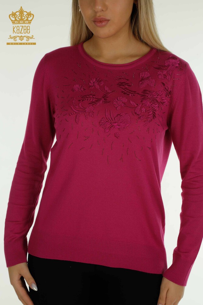 En-gros Tricotaj pentru femei Pulover cu broderie florală Fuchsia - 16849 | KAZEE - 2