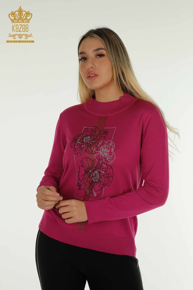 En-gros Tricotaj pentru damă Pulover - Brodat floral - Fucsia - 30614 | KAZEE - 1