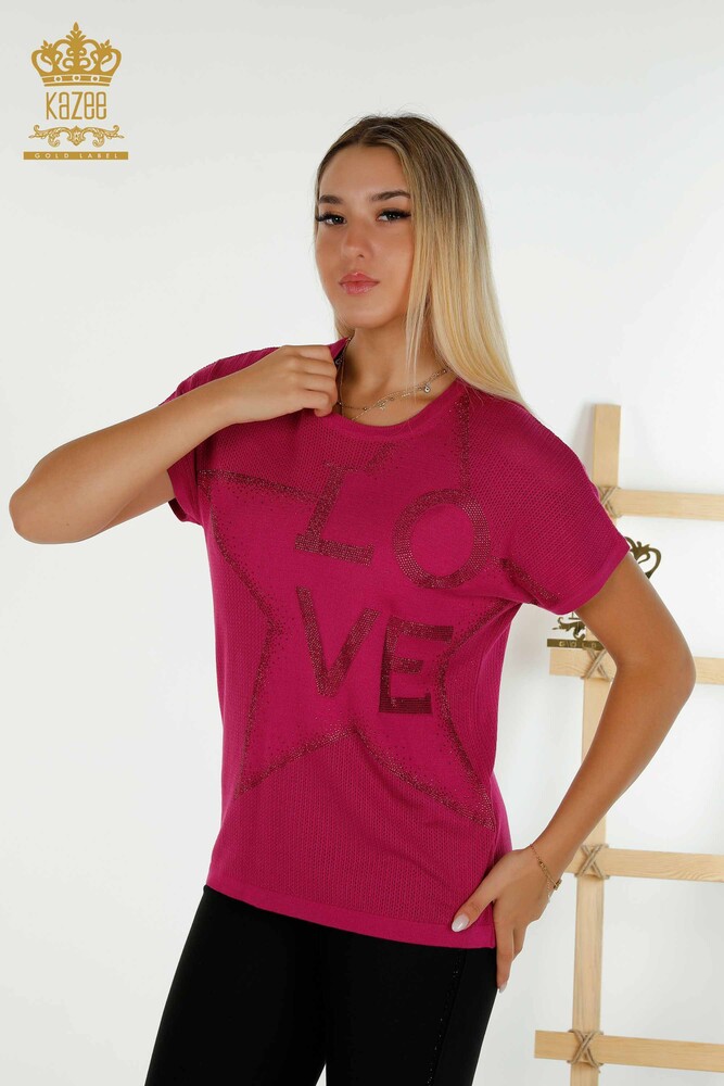 En-gros tricotaje de damă pulover - Piatră Brodate - fucsia - 30501 | KAZEE - 1