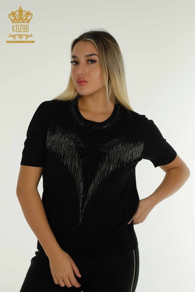 Tricotaj cu ridicata pentru femei Pulover - Cristal Brodat cu piatra - Negru - 30330 | KAZEE 