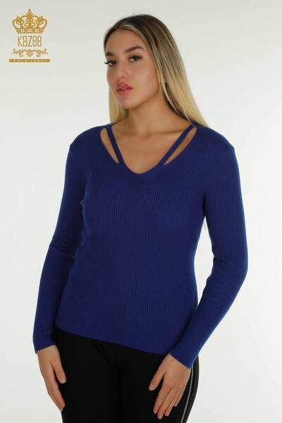 En-gros tricotaje pentru femei Pulover - Guler Detaliat - Saks - 30392 | KAZEE - Thumbnail
