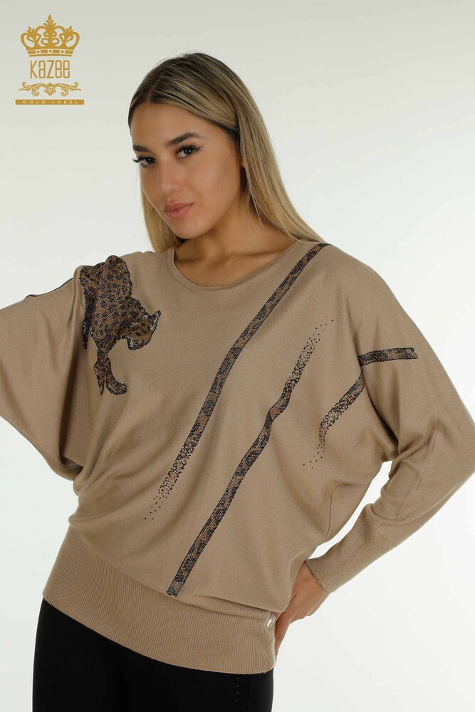 En-gros Tricotaj de damă Pulover - Leopard Pietre brodate - Bej - 30633 | KAZEE - 1