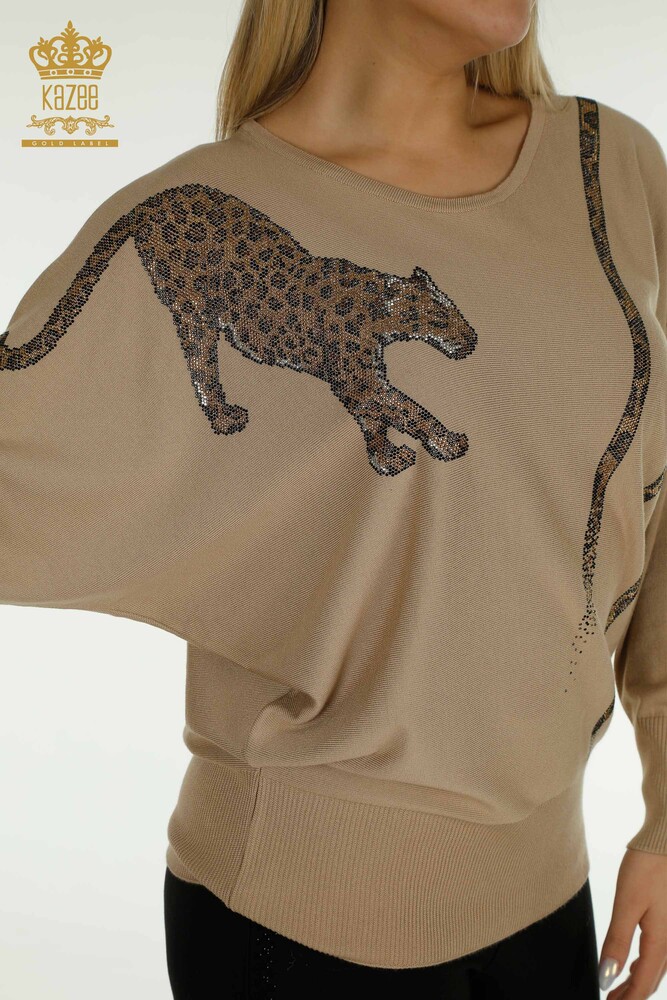 En-gros Tricotaj de damă Pulover - Leopard Pietre brodate - Bej - 30633 | KAZEE - 3