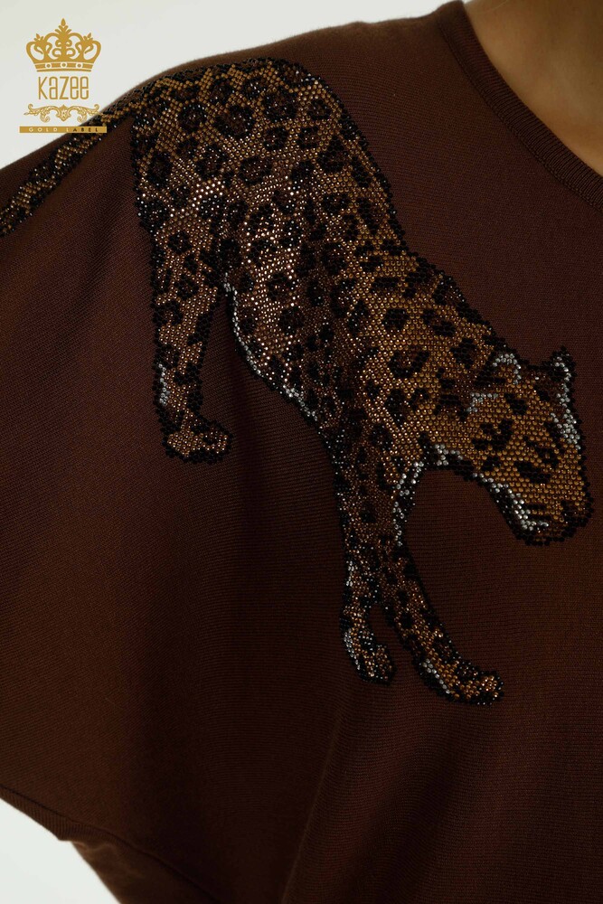 En-gros Tricotaj pentru femei Pulover Leopard Piatră Brodat Maro - 30633 | KAZEE - 4