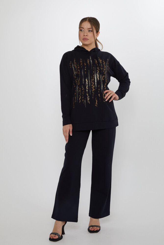 Eşofman Takımı Leopar Taş İşlemeli Lacivert - 17901 | KAZEE (3'lü Set M-L-XL) - 2